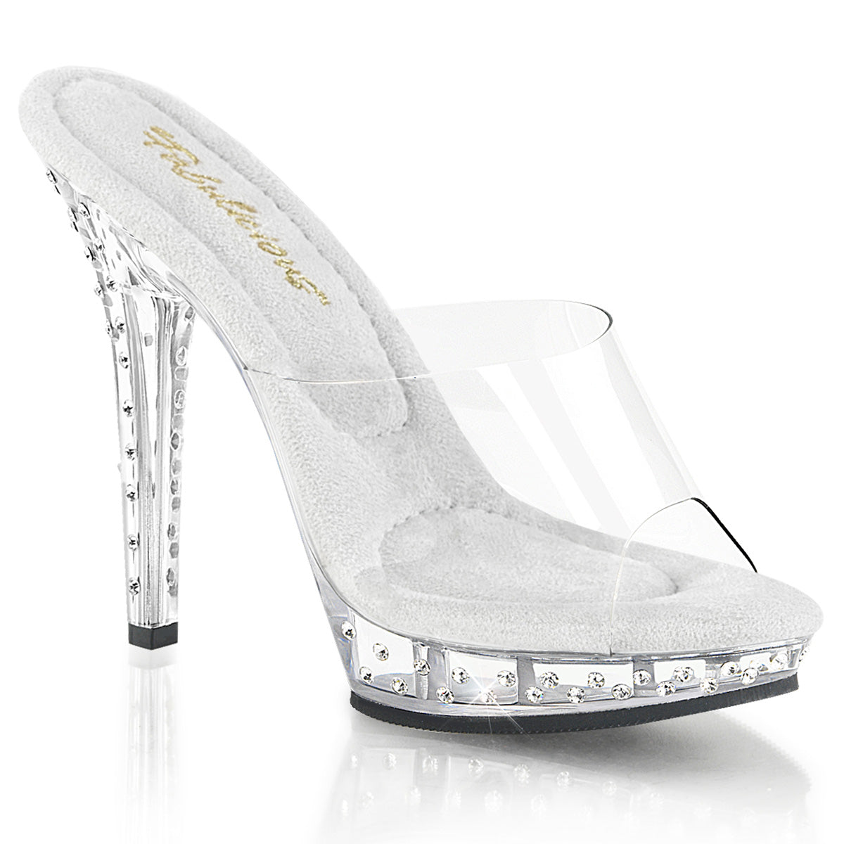 Fabulicious Lip-101SDT 5 inch clear rhinestone studded platform slide, three-quarter view on white