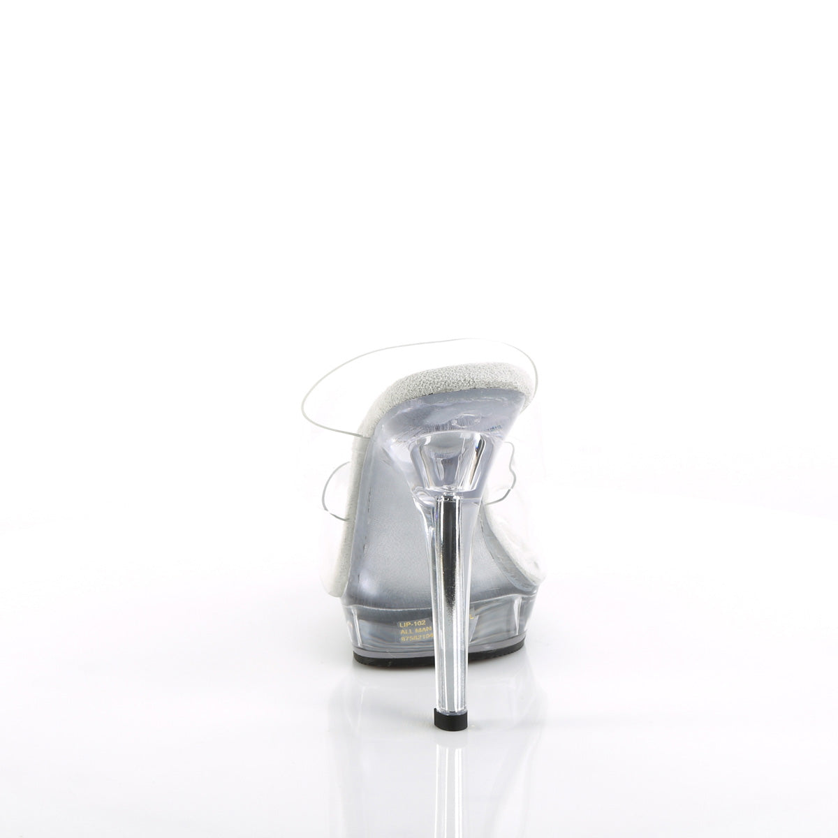 Fabulicious Lip-102 5 inch clear two band platform slide, back view of the heel