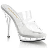 Fabulicious Lip-102 5 inch clear two band platform slide, three-quarter view on white