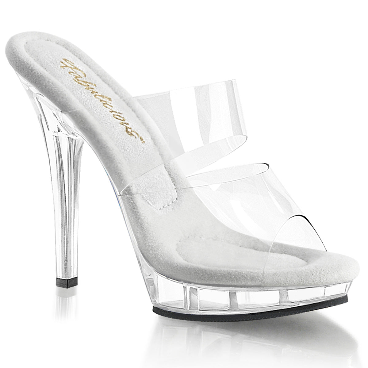 Fabulicious Lip-102 5 inch clear two band platform slide, three-quarter view on white