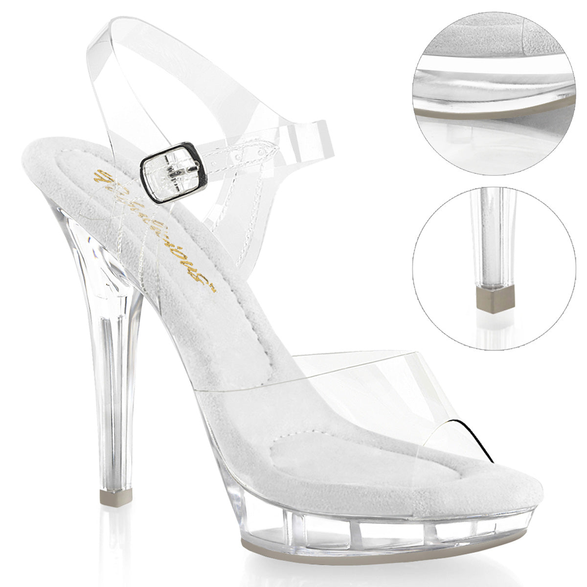 Fabulicious Lip-108 5 inch all clear ankle strap sandal, three-quarter view on white