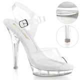 Fabulicious Lip-108 5 inch all clear ankle strap sandal, three-quarter view on white