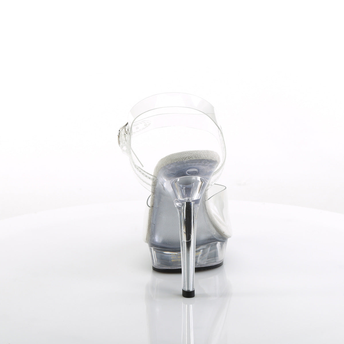 Fabulicious Lip-108 5 inch clear ankle strap sandal, back view of the heel