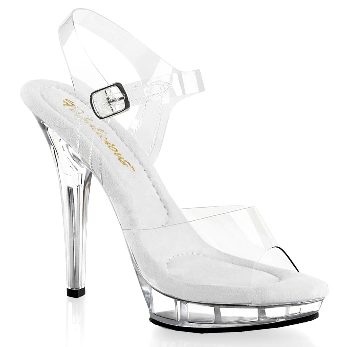 Fabulicious Lip-108 5 inch clear ankle strap sandal, three-quarter view on white