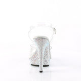 Fabulicious Lip-108DM 5 inch clear silver rhinestone-encrusted ankle strap sandal, back view of the heel