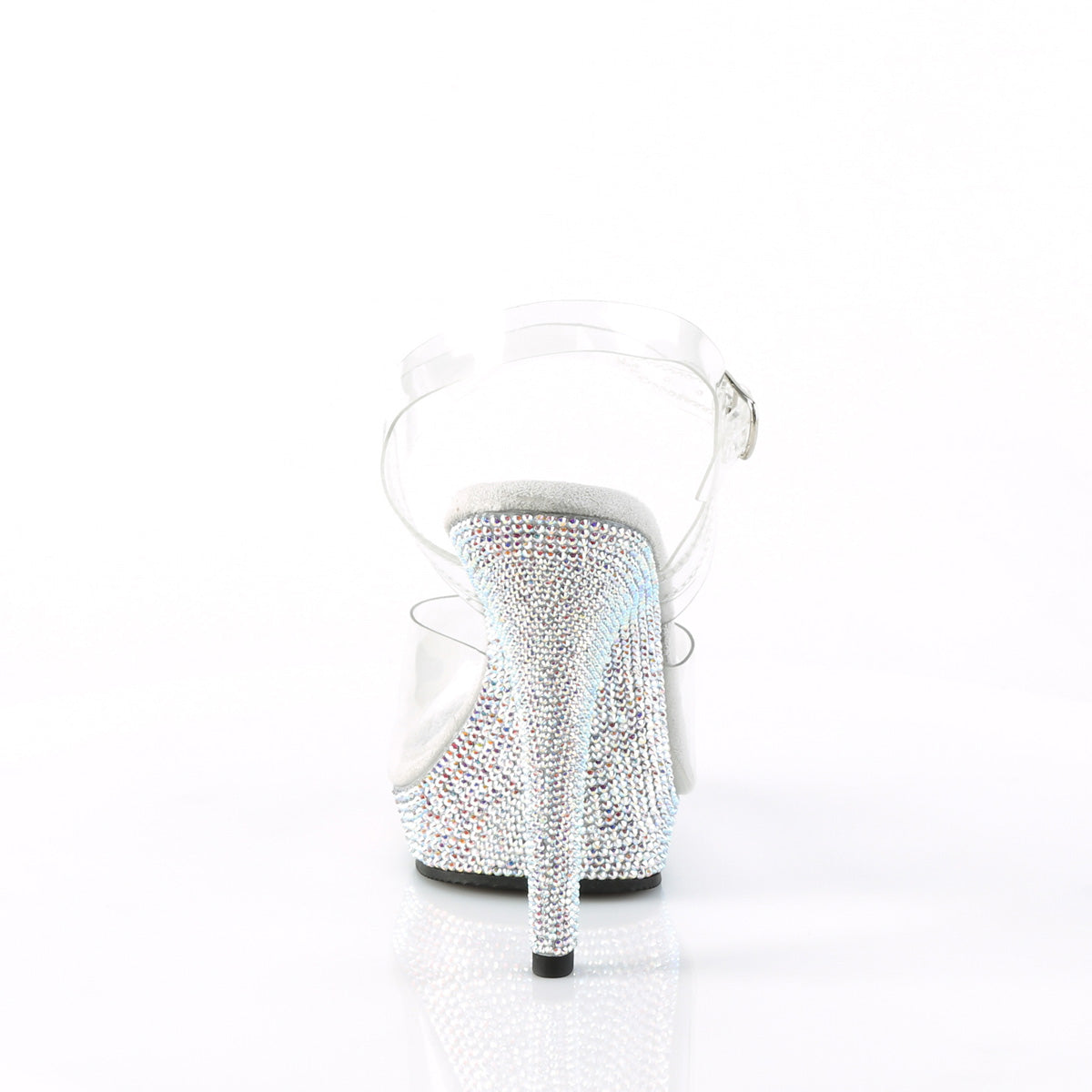 Fabulicious Lip-108DM 5 inch clear silver rhinestone-encrusted ankle strap sandal, back view of the heel