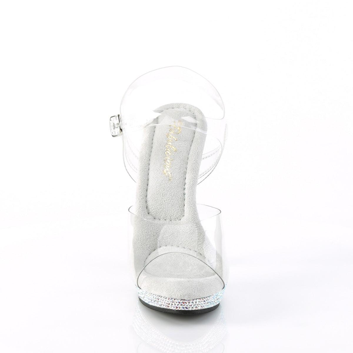 Fabulicious Lip-108DM 5 inch clear silver rhinestone-encrusted ankle strap sandal, front view