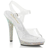 Fabulicious Lip-108DM 5 inch clear silver rhinestone-encrusted ankle strap sandal, three-quarter view on white