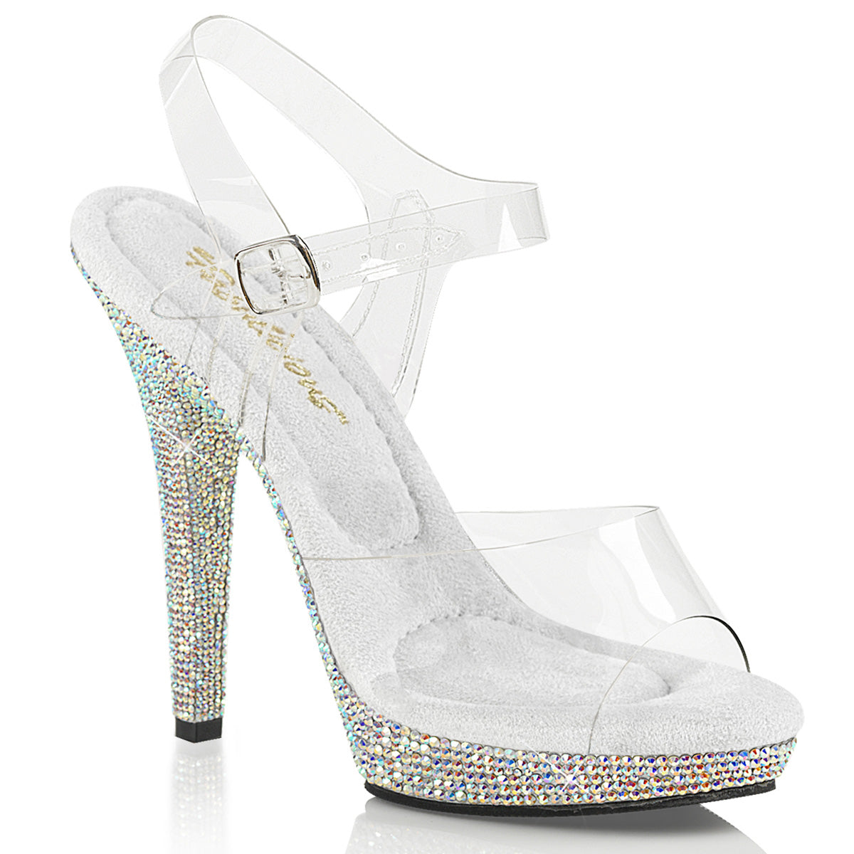 Fabulicious Lip-108DM 5 inch clear silver rhinestone-encrusted ankle strap sandal, three-quarter view on white