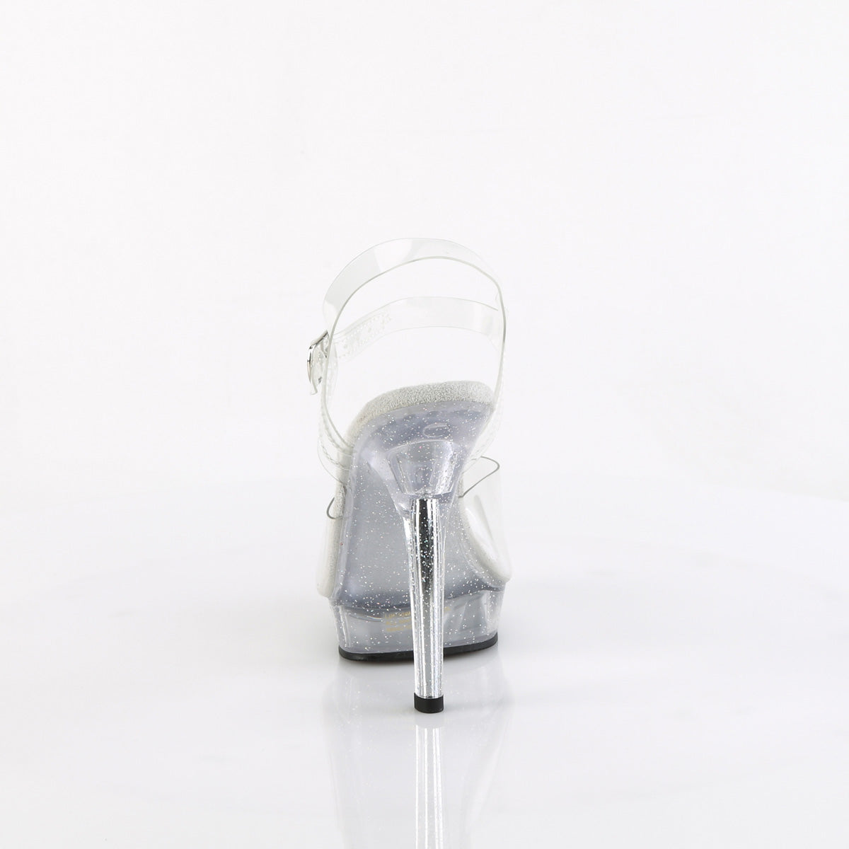 Fabulicious Lip-108MG 5 inch clear glitter platform ankle strap sandal, back view of the heel