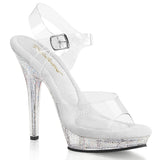 Fabulicious Lip-108MG 5 inch clear glitter platform ankle strap sandal, three-quarter view on white