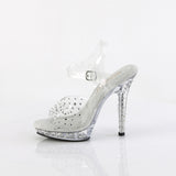 Fabulicious Lip-108RS 5 inch clear rhinestone strap ankle strap sandal, side view of the heel