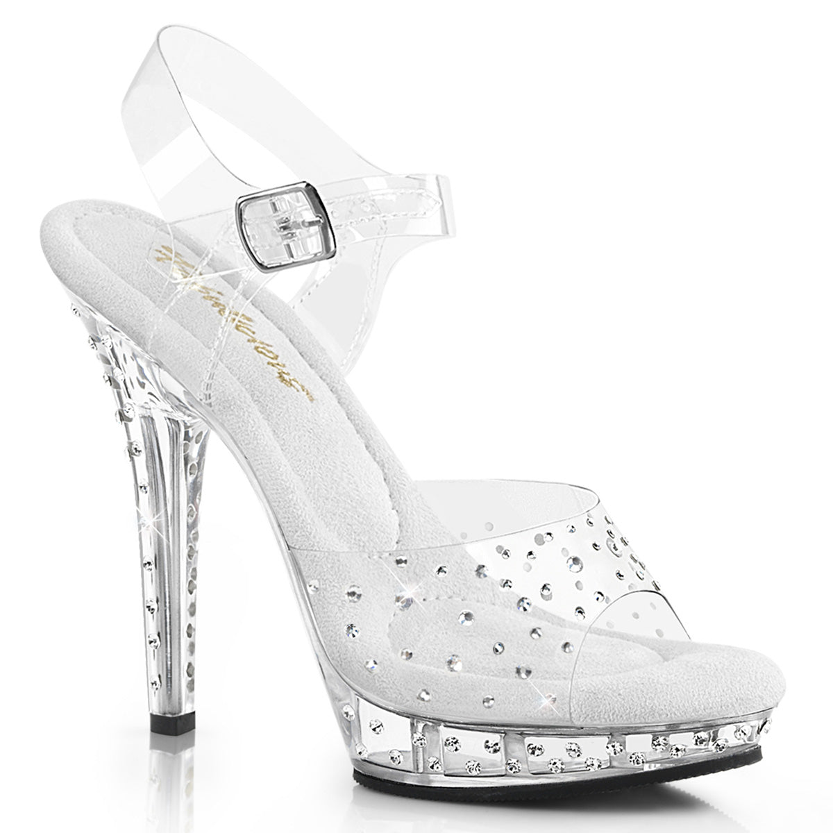 Fabulicious Lip-108RS 5 inch clear rhinestone strap ankle strap sandal, three-quarter view on white