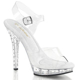 Fabulicious Lip-108SDT 5 inch clear rhinestone studded ankle strap sandal, three-quarter view on white