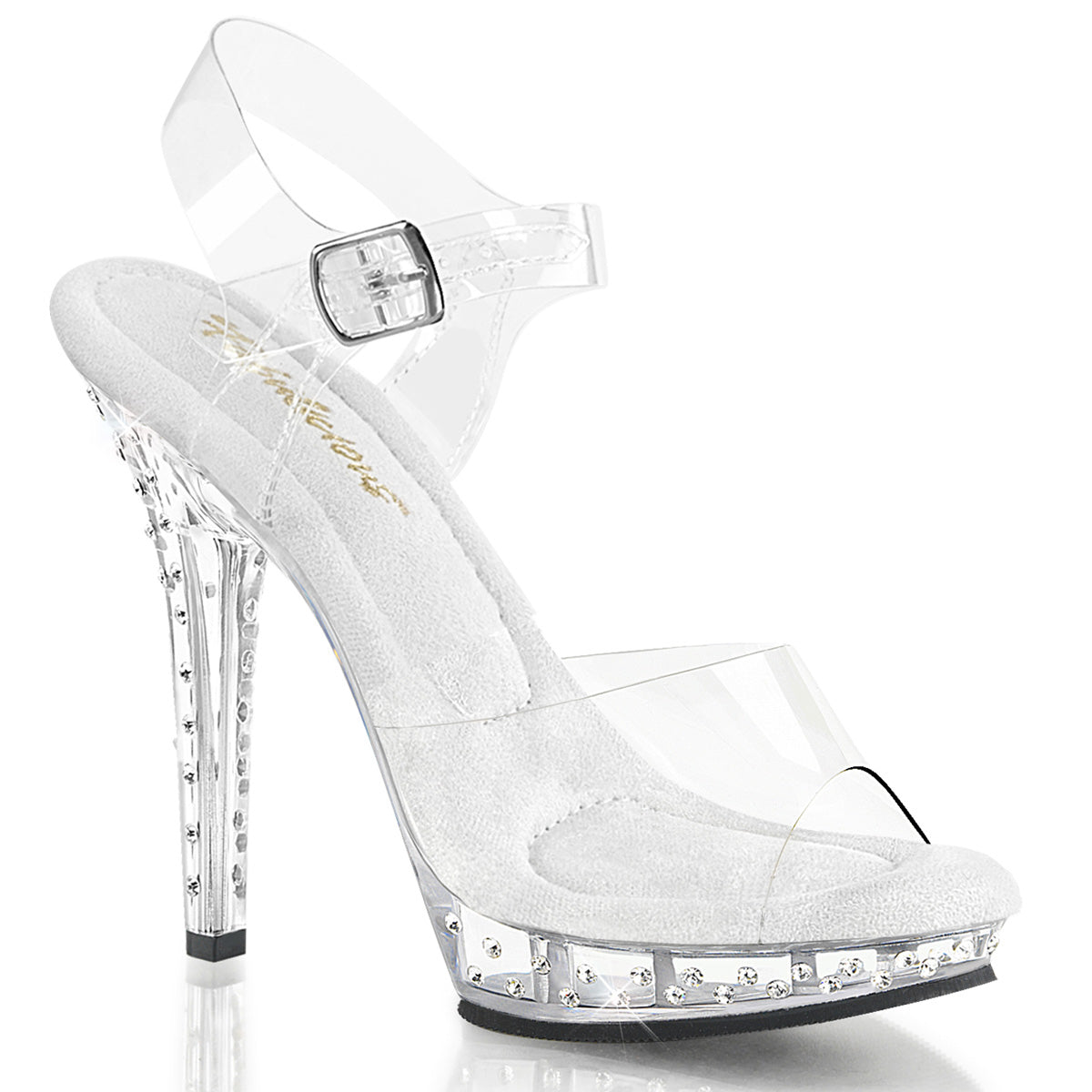 Fabulicious Lip-108SDT 5 inch clear rhinestone studded ankle strap sandal, three-quarter view on white