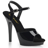 Fabulicious Lip-109 5 inch black ankle strap sandal, three-quarter view on white
