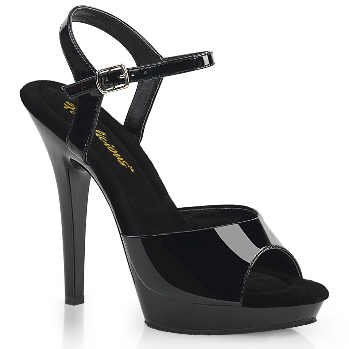 Fabulicious Lip-109 5 inch black ankle strap sandal, three-quarter view on white