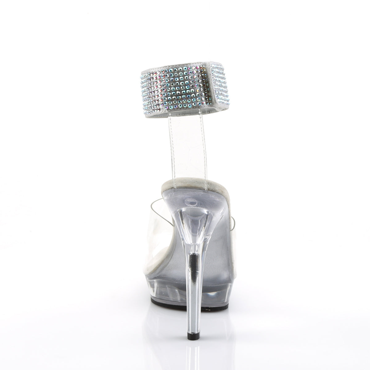 Fabulicious Lip-142 5 inch clear rhinestone ankle cuff sandal, back view of the heel
