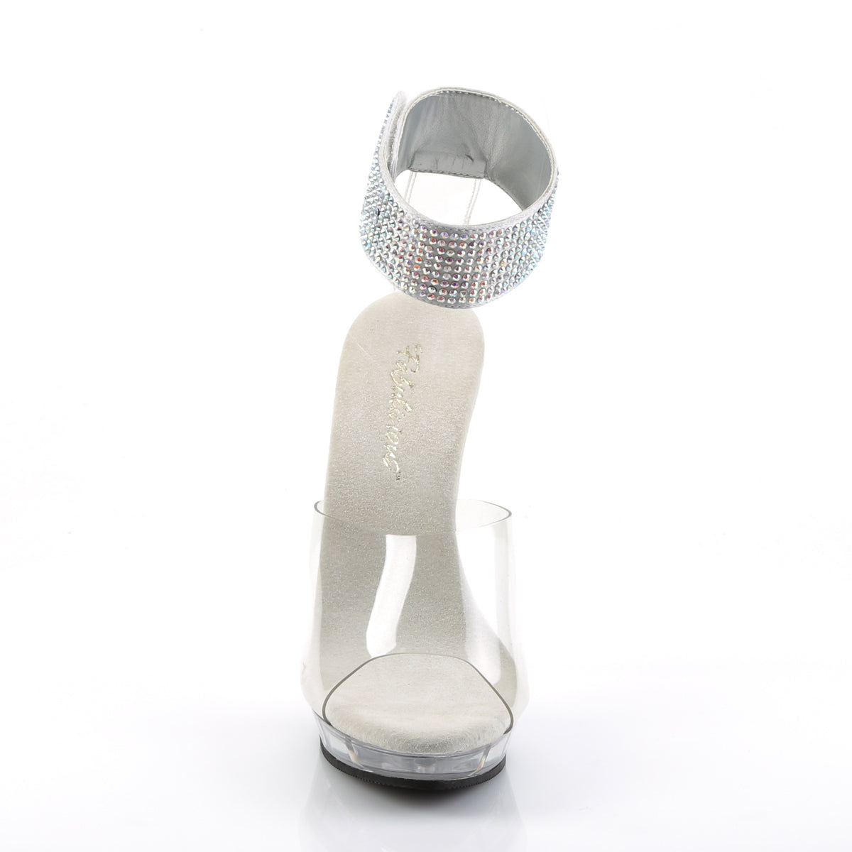 Fabulicious Lip-142 5 inch clear rhinestone ankle cuff sandal, front view