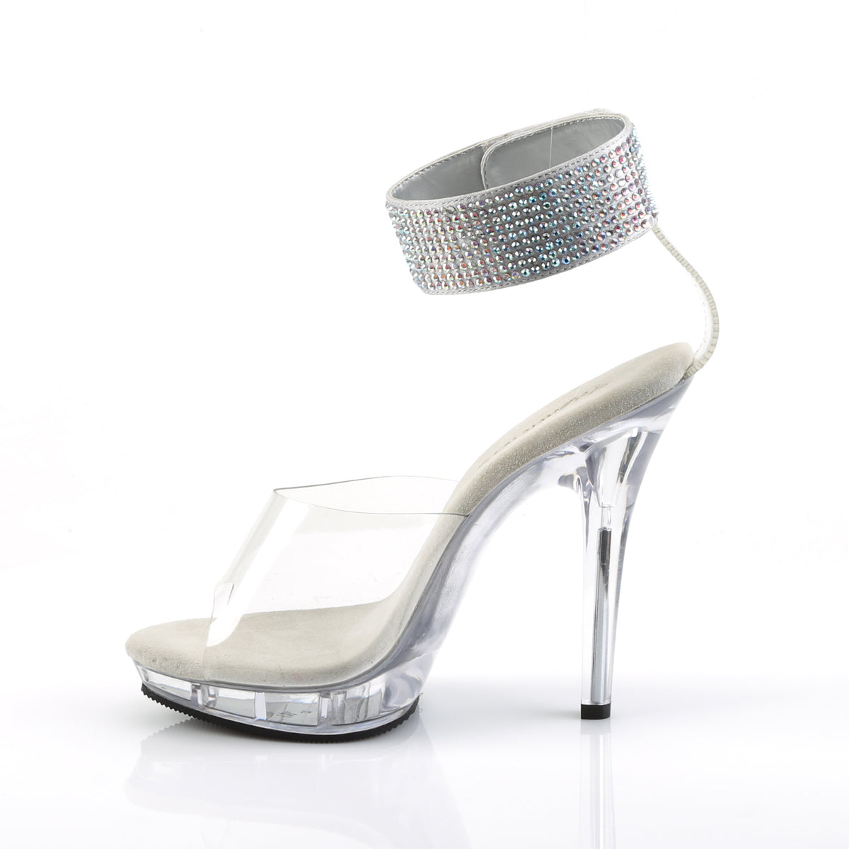 Fabulicious Lip-142 5 inch clear rhinestone ankle cuff sandal, side view of the heel