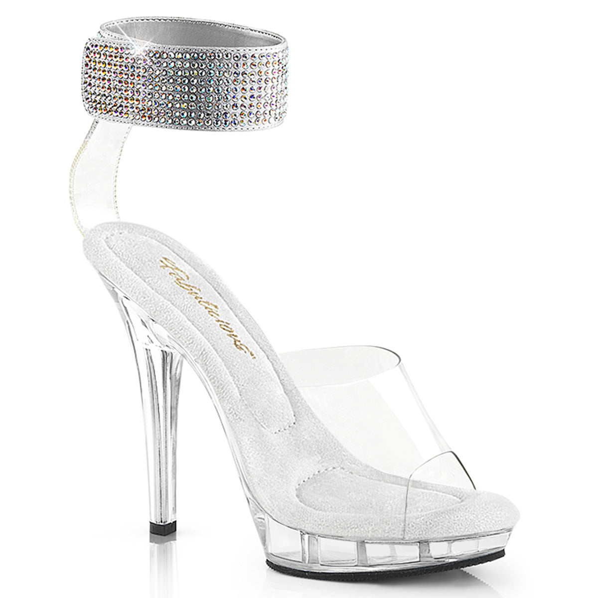 Fabulicious Lip-142 5 inch clear rhinestone ankle cuff sandal, three-quarter view on white