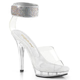 Fabulicious Lip-142 5 inch clear rhinestone ankle cuff sandal, three-quarter view on white
