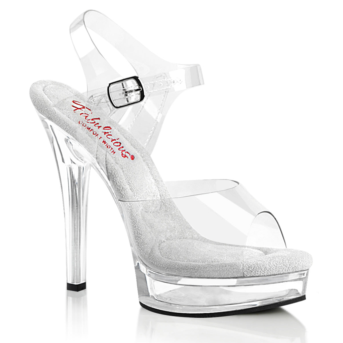 Fabulicious Majesty-508 5 inch clear ankle strap sandal, three-quarter view on white