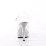 Fabulicious Majesty-508DM 5 inch clear silver rhinestone-encrusted ankle strap sandal, back view of the heel
