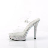Fabulicious Majesty-508DM 5 inch clear silver rhinestone-encrusted ankle strap sandal, side view of the heel