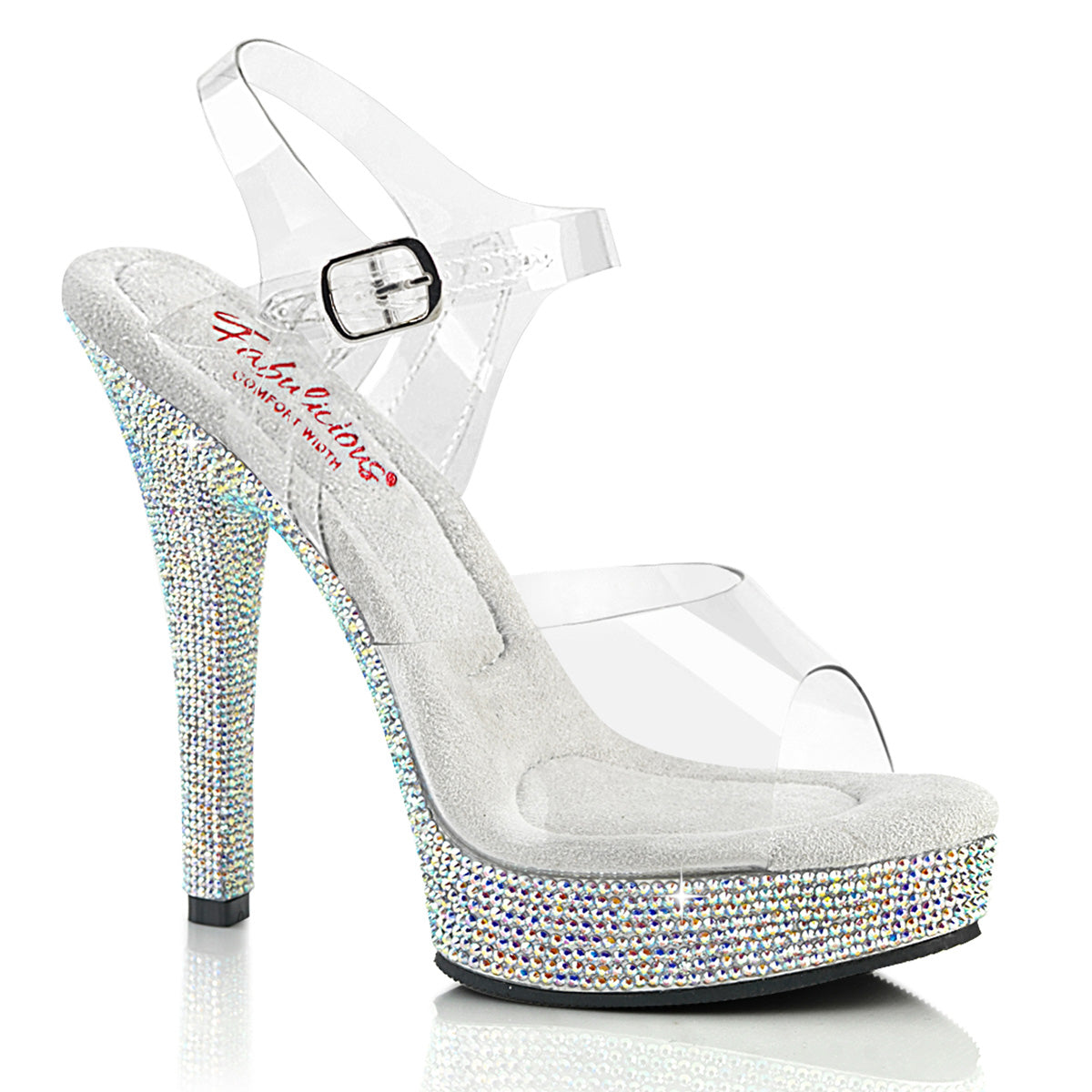 Fabulicious Majesty-508DM 5 inch clear silver rhinestone-encrusted ankle strap sandal, three-quarter view on white