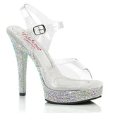 Fabulicious Majesty-508DM 5 inch clear silver rhinestone-encrusted ankle strap sandal, three-quarter view on white