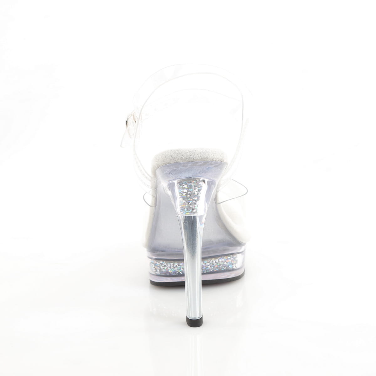 Fabulicious Majesty-508RSI 5 inch clear silver rhinestone insert ankle strap sandal, back view of the heel