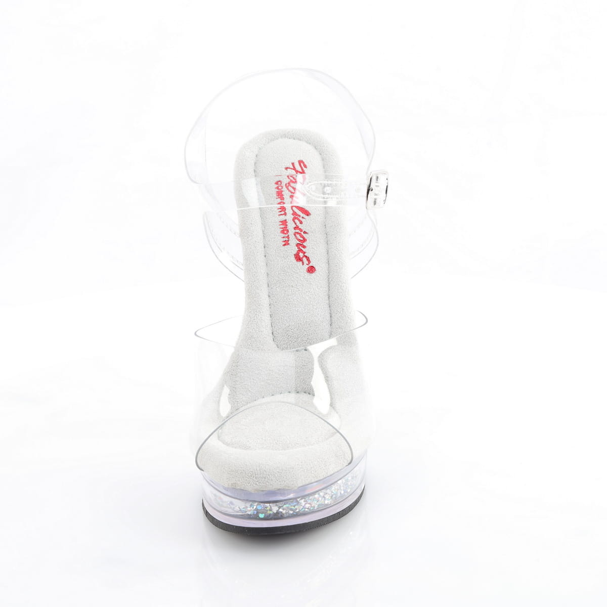 Fabulicious Majesty-508RSI 5 inch clear silver rhinestone insert ankle strap sandal, front view