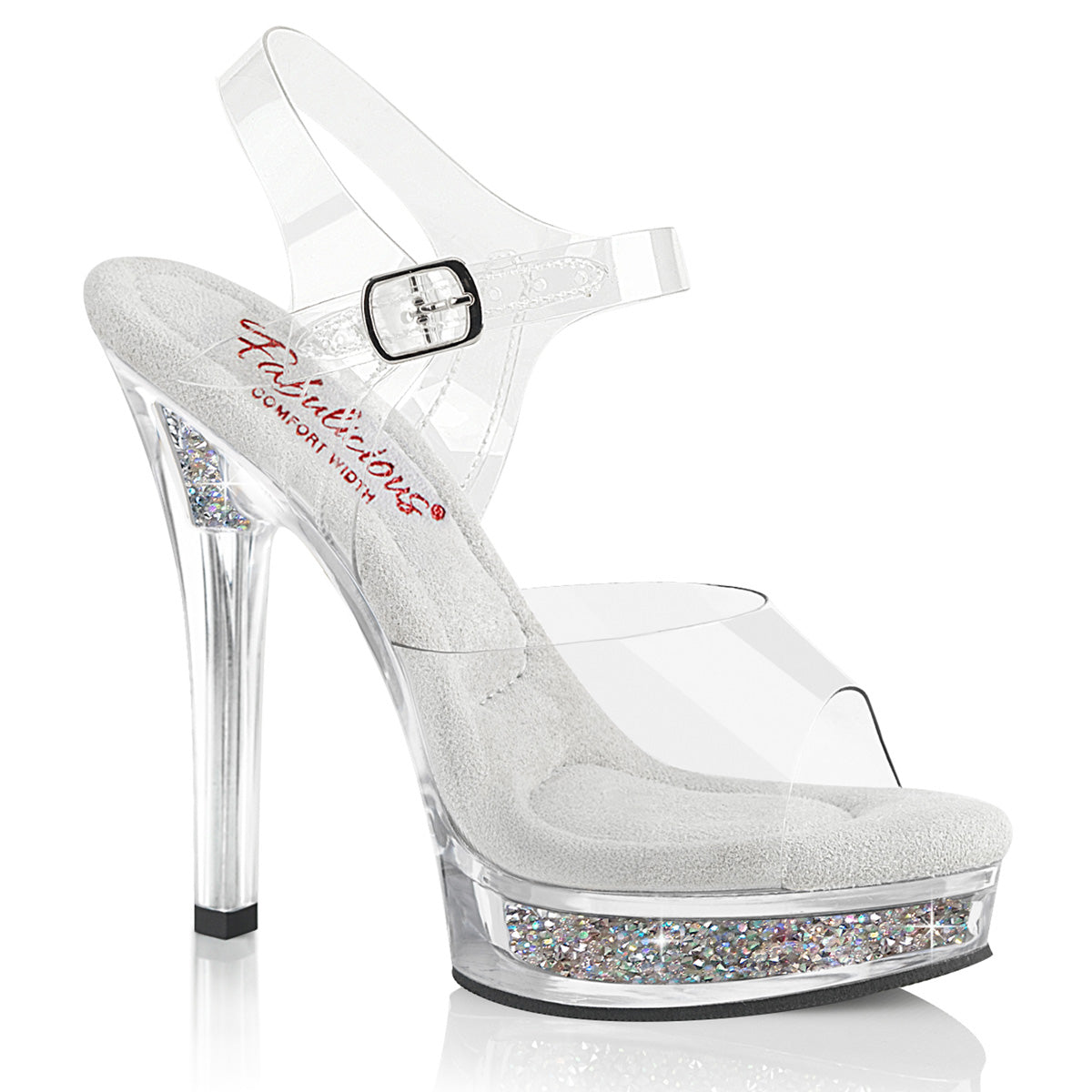 Fabulicious Majesty-508RSI 5 inch clear silver rhinestone insert ankle strap sandal, three-quarter view on white
