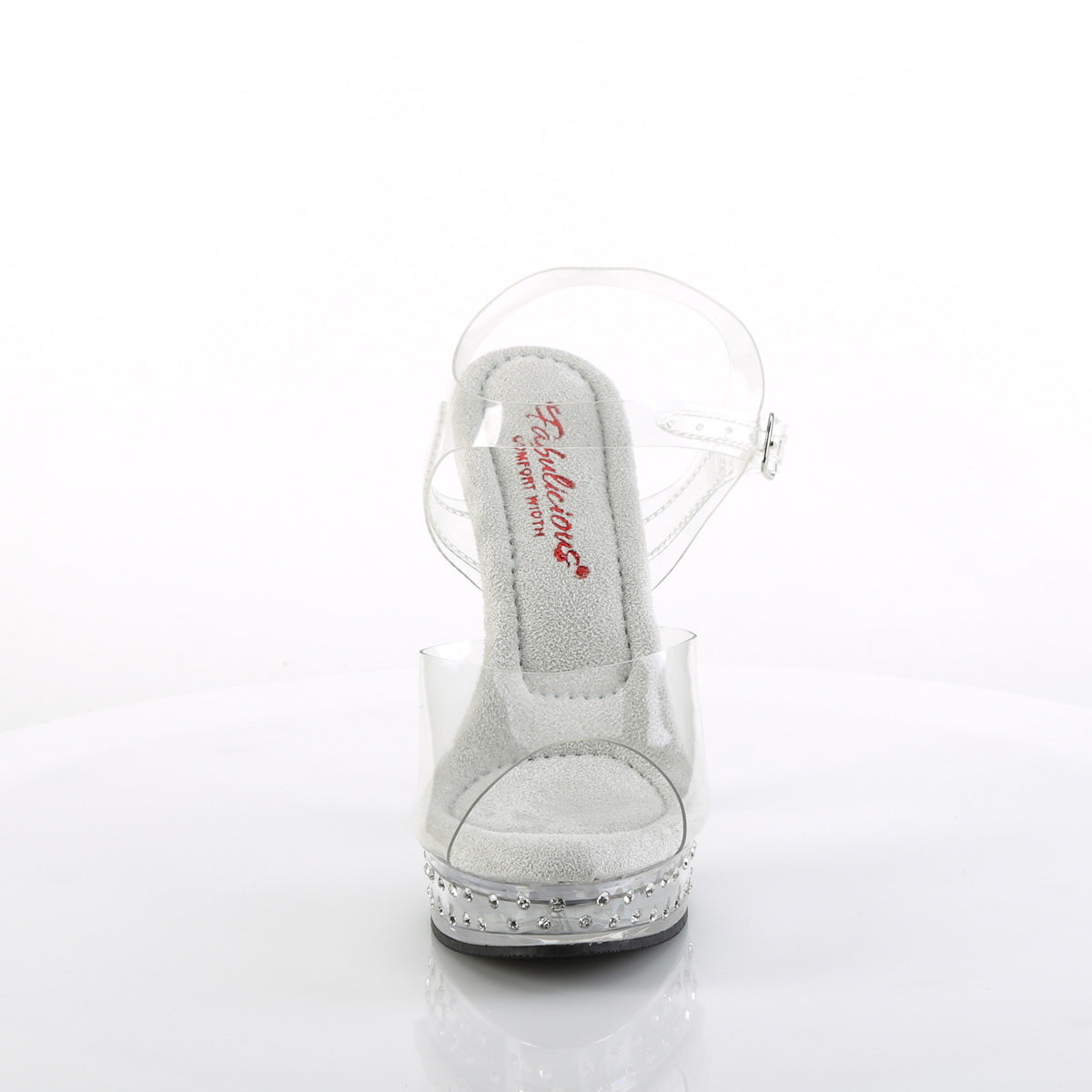 Fabulicious Majesty-508SDT 5 inch clear rhinestone studded ankle strap sandal, front view
