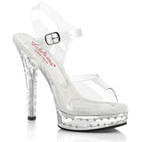 Fabulicious Majesty-508SDT 5 inch clear rhinestone studded ankle strap sandal, three-quarter view on white