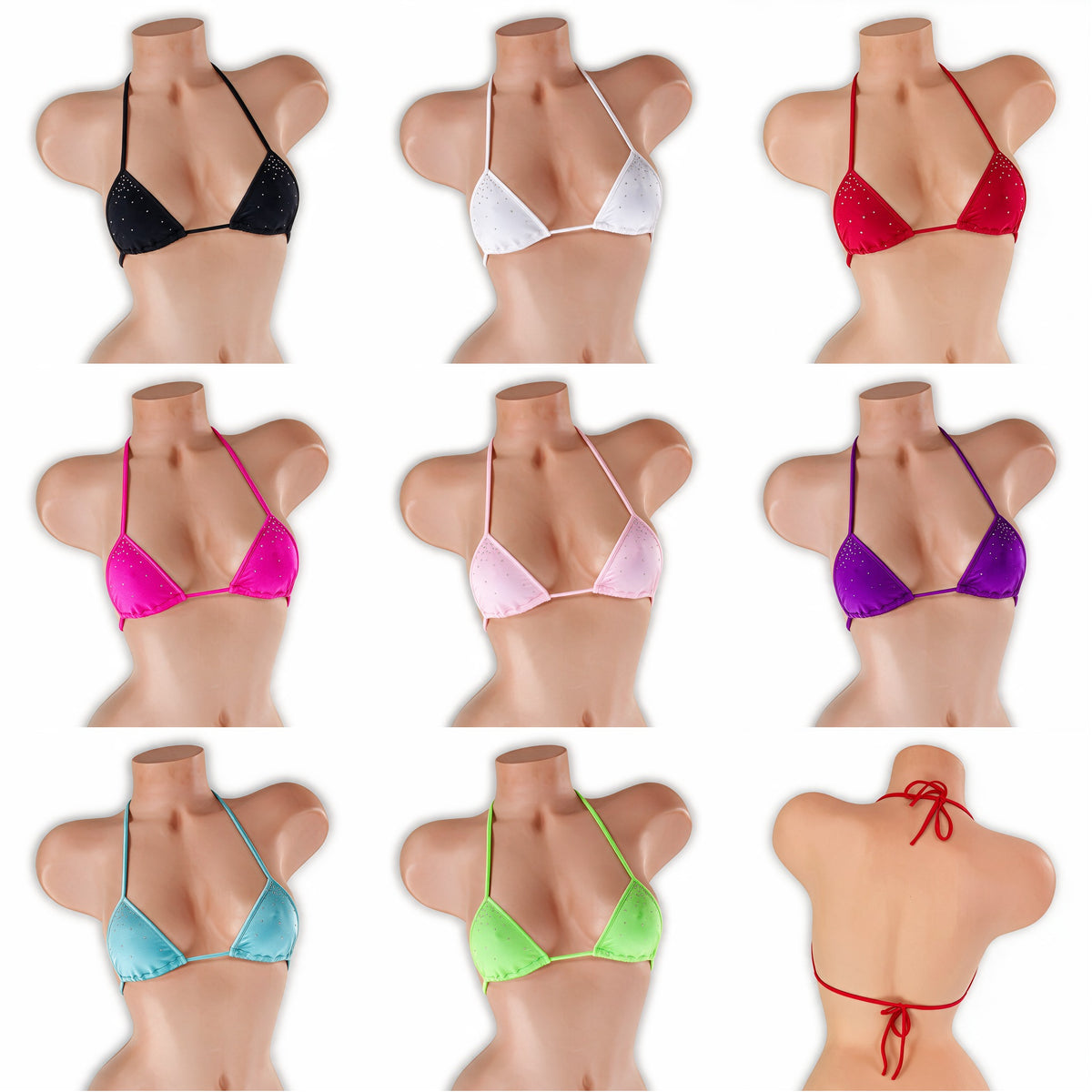 Fairy dust mini tri top on mannequin in all 8 colors, Golddiggers Boutique