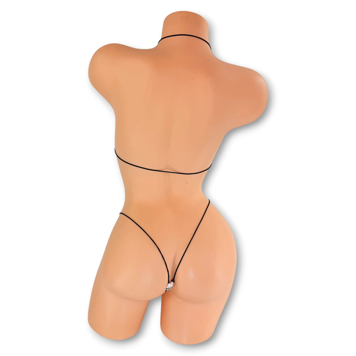 Checkerboard daisy micro 'kini on mannequin, back view showing black strings and g-string - Golddiggers Boutique