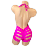 Fuchsia Ava rhinestone ladder cutout romper, back view with scrunch seat and slashed shorts