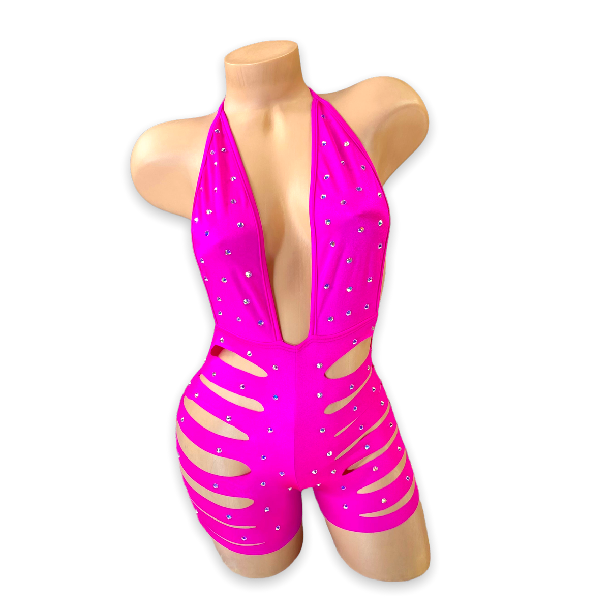 Fuchsia Ava rhinestone ladder cutout romper, front view on mannequin