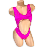 Fuchsia Blair rhinestone cutout tank bodysuit, front view on mannequin