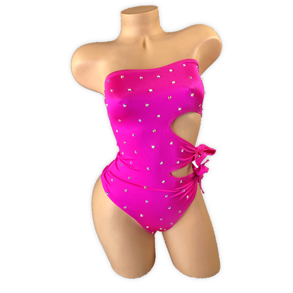 Fuchsia Elodie Rhinestone Strapless Cutout Bodysuit