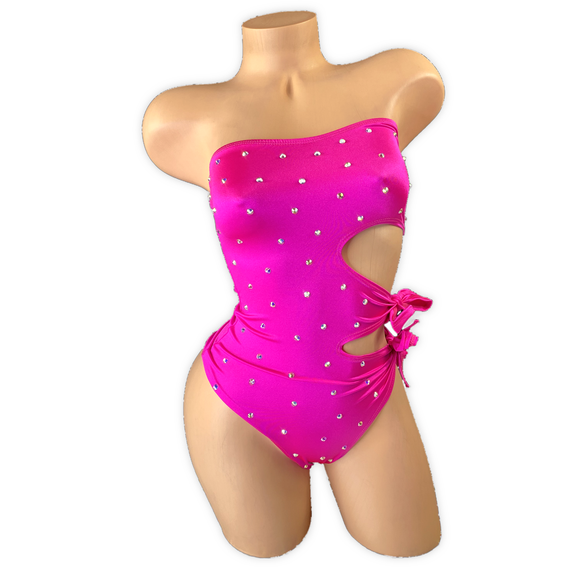 Fuchsia Elodie strapless rhinestone bodysuit with side cutouts and bow ties, front view on mannequin