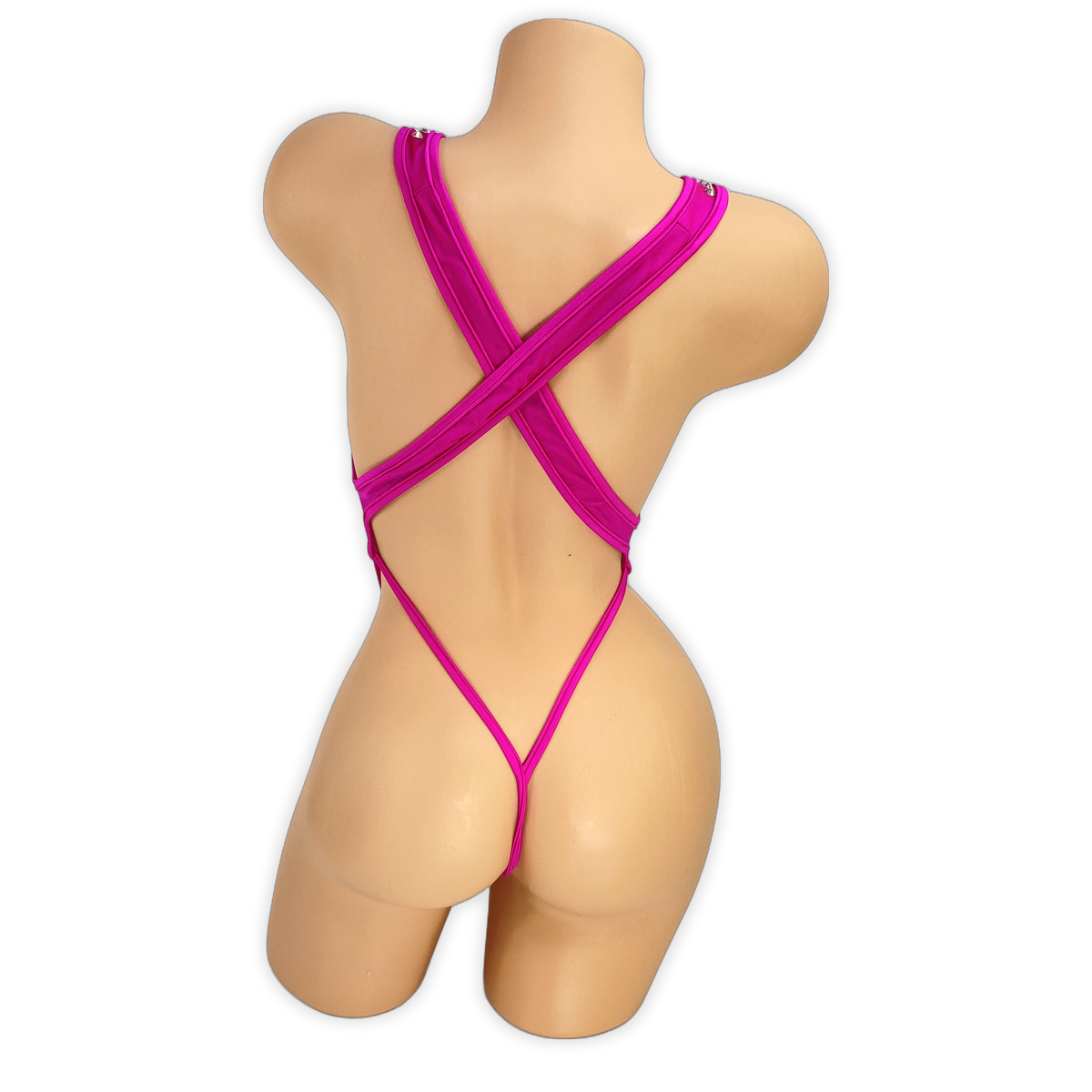 Fuchsia Paige rhinestone slingshot bodysuit, back view showing criss-cross straps and thong back