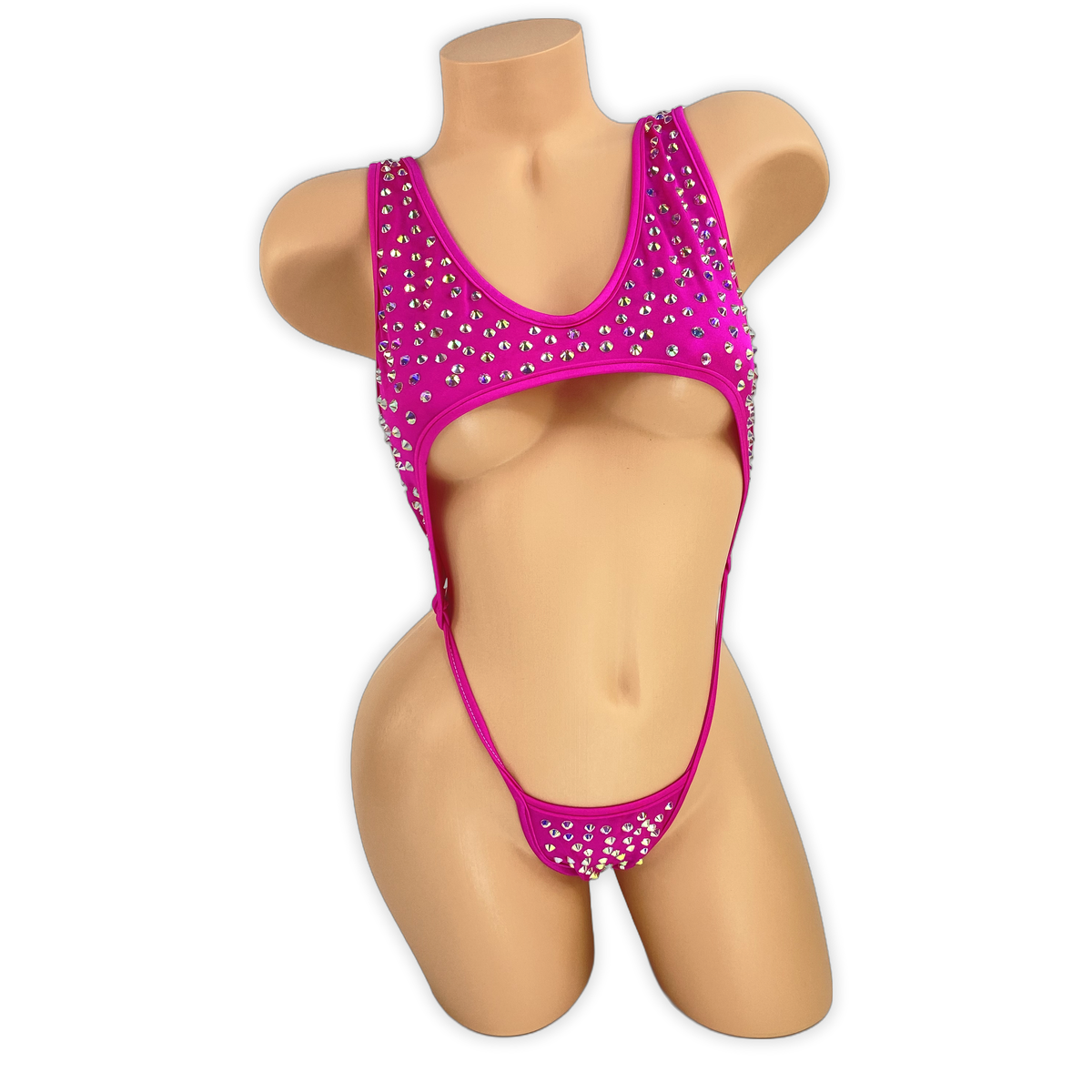 Fuchsia Paige rhinestone cutout slingshot bodysuit, front view on mannequin