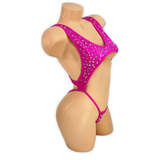 Fuchsia Paige rhinestone cutout slingshot bodysuit, side view on mannequin