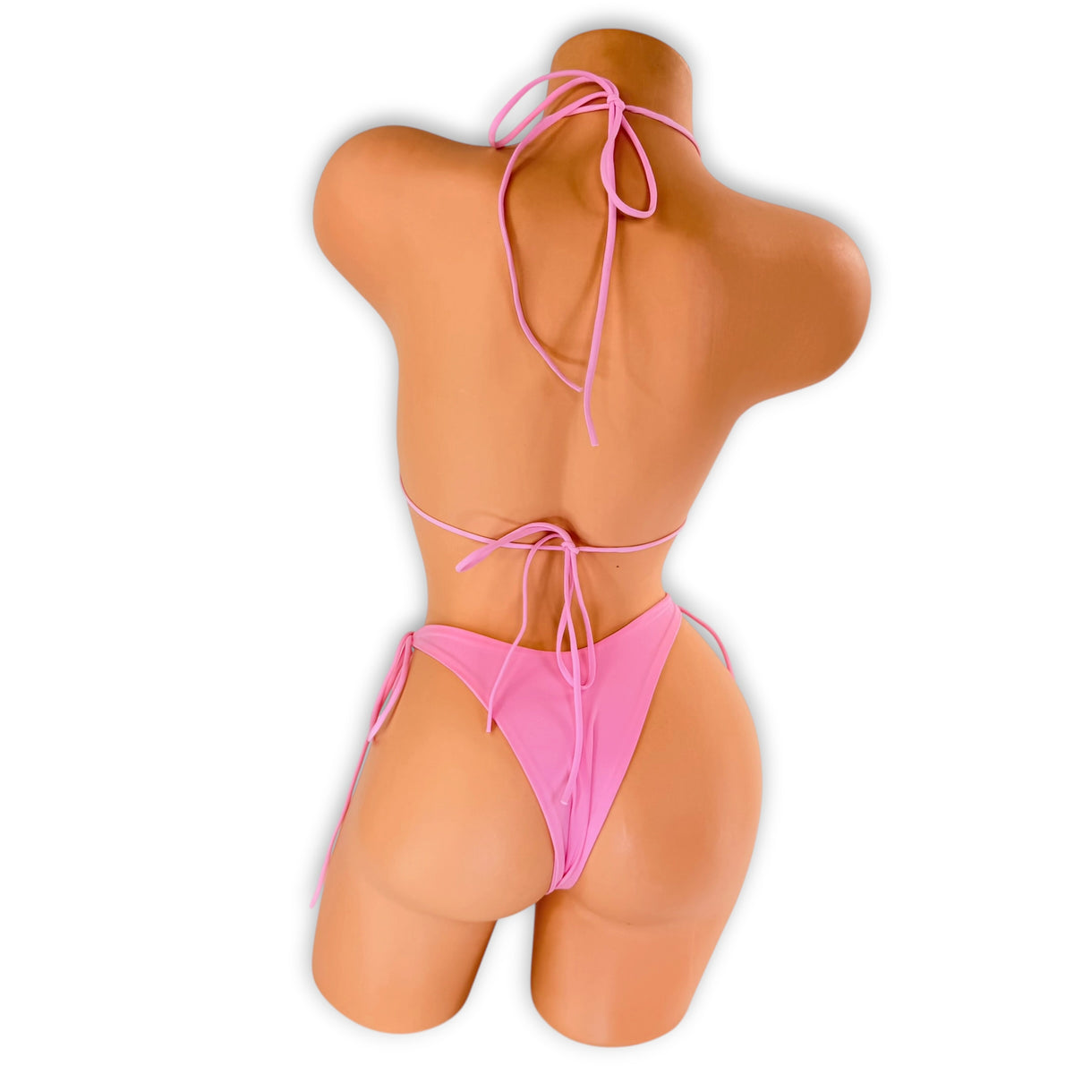 Back view of Gigi cotton candy pink bikini on mannequin showing halter and back ties and cheeky bottom