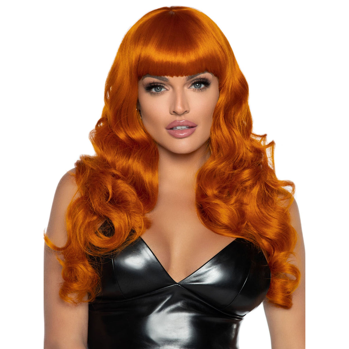 Close-up front view of ginger long wavy wig with full bangs - Golddiggers Boutique