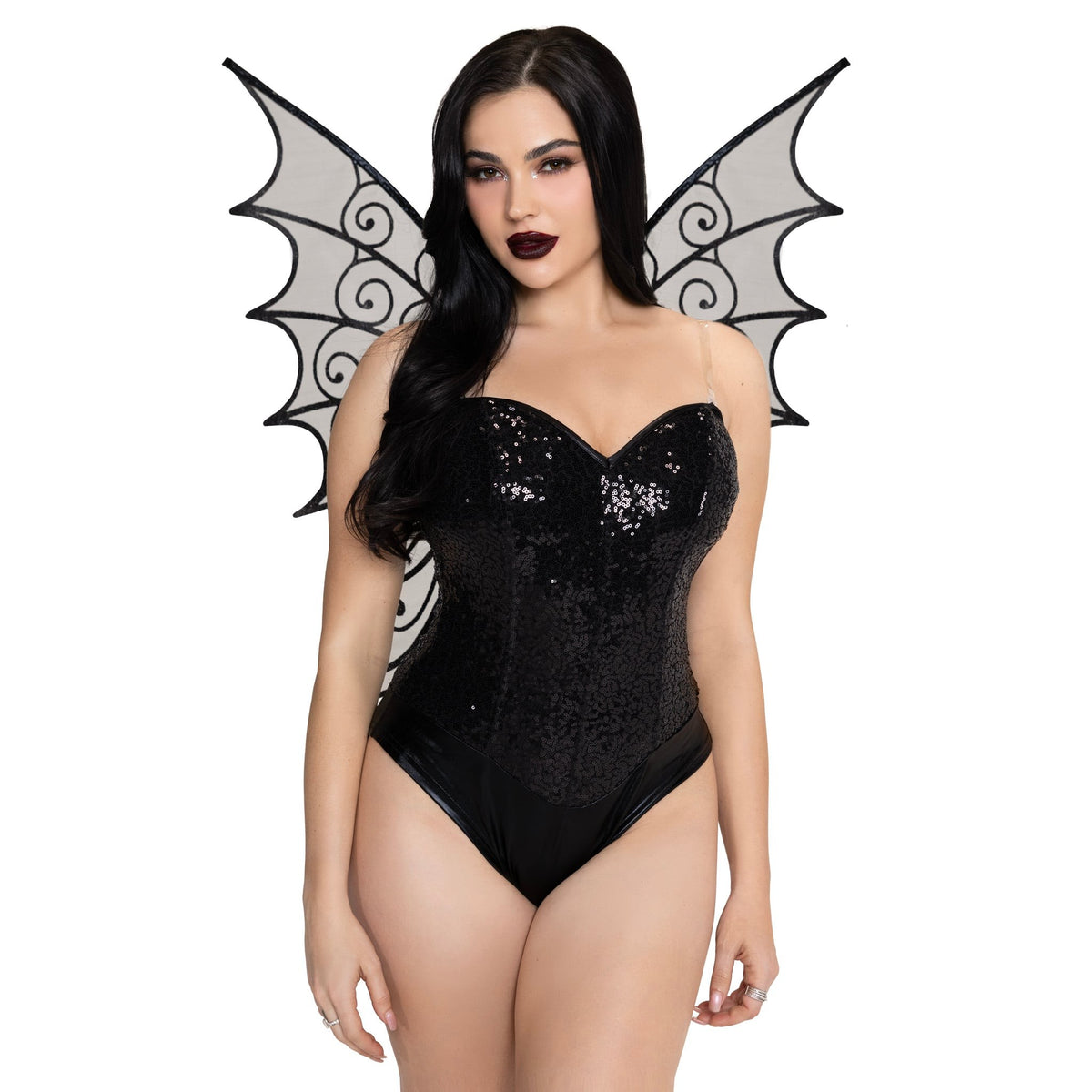 Detail view of black glitter strapless pixie wings - Golddiggers Boutique