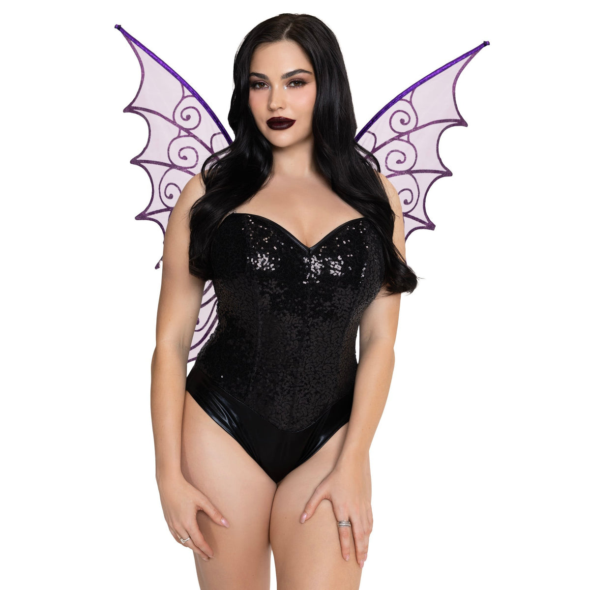 Detail view of purple glitter strapless pixie wings - Golddiggers Boutique
